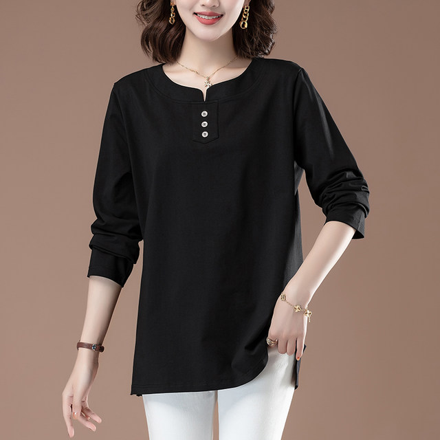 Pure cotton T-shirt women's long-sleeved fashionable middle-aged mother's wear loose outer bottoming shirt fashion plus size plus size top