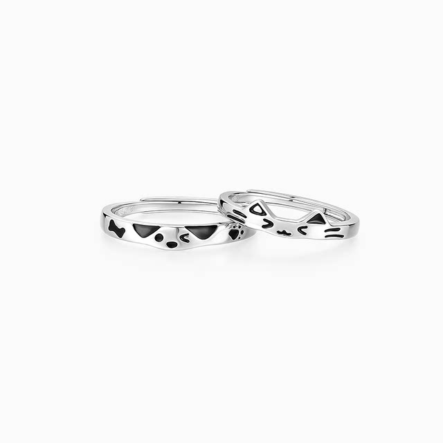 Catiro Cat and Dog Diary Couple Ring 999 Silver Simple Design Ring Birthday Gift for Boy and Girlfriend