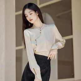 New Chinese cheongsam senior national style disc buckle jacquard shirt black skinny skirt daily small dress two pieces set