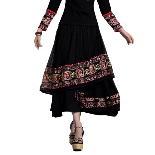 Ethnic style women's clothing, elastic waist skirt, large sway long skirt, spliced ​​retro mid-waist A-shaped slim summer retro pocket