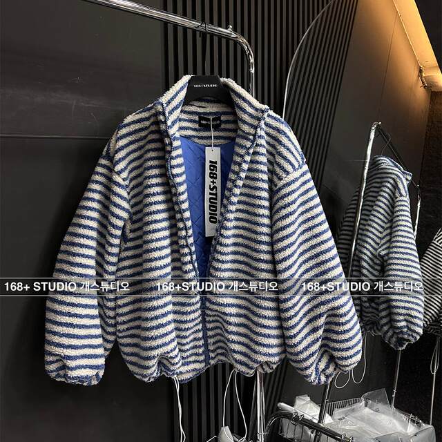 Stand-collar cardigan striped lamb velvet jacket loose and slim mid-length 2025 winter new top ins trendy