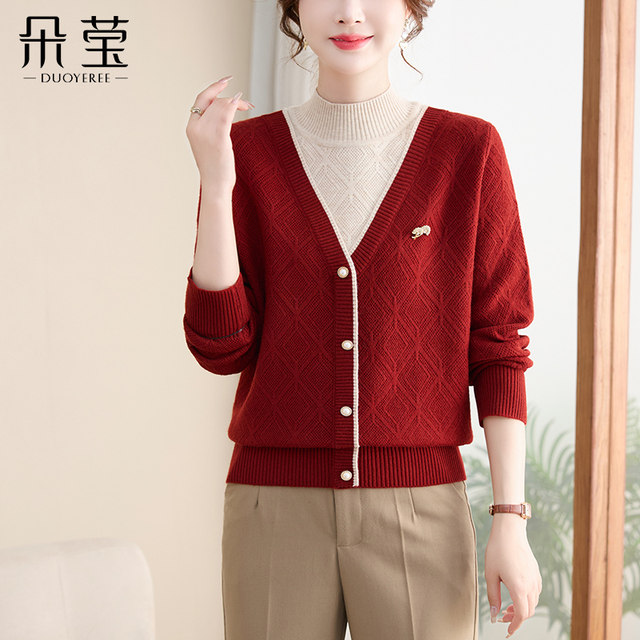Western mom autumn and winter fashion fake two-piece knitted sweater new fleece sweater middle-aged and elderly women's bottoming top