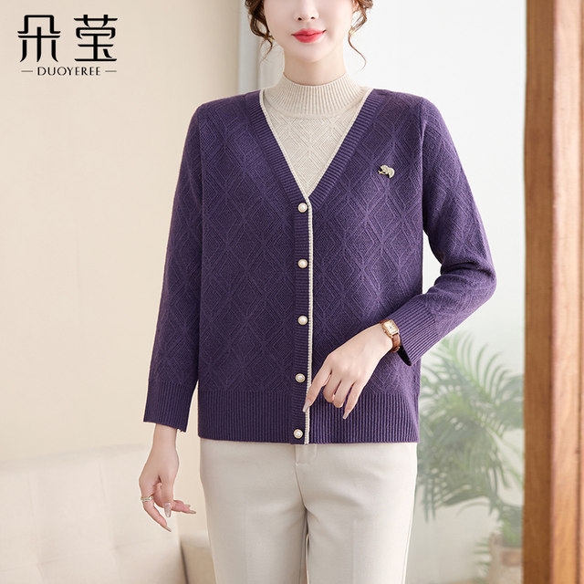Western mom autumn and winter fashion fake two-piece knitted sweater new fleece sweater middle-aged and elderly women's bottoming top