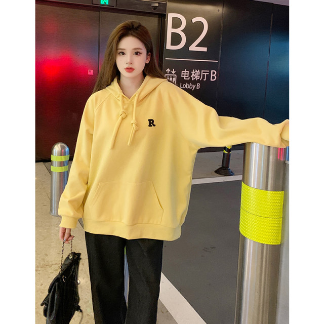 Large size women's hooded sweatshirt for women 2025 new spring and autumn bright yellow ins trendy loose slimming jacket top