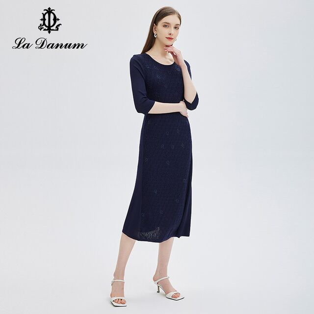 Aidana spring and summer new Tibetan blue round collar hot drill dress waist seven -point sleeve A -line skirt temperament fashion