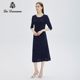 Aidana spring and summer new Tibetan blue round collar hot drill dress waist seven -point sleeve A -line skirt temperament fashion