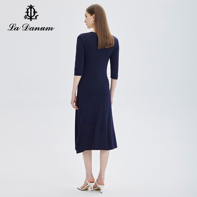 Aidana spring and summer new Tibetan blue round collar hot drill dress waist seven -point sleeve A -line skirt temperament fashion