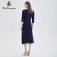 Aidana spring and summer new Tibetan blue round collar hot drill dress waist seven -point sleeve A -line skirt temperament fashion