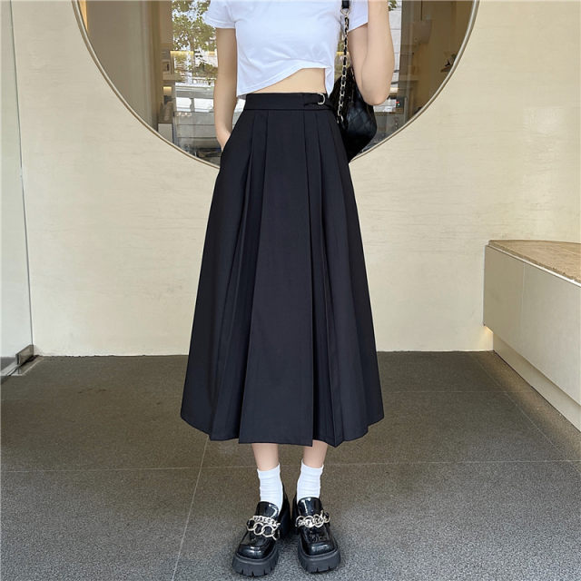 College style gray suit pocket pleated skirt mid-length large size high waist slim design casual and versatile long skirt