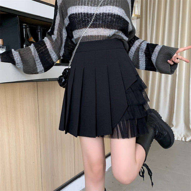 Mesh lace spliced ​​pleated skirt for women in spring and autumn summer large size irregular niche skirt high waist slim short skirt