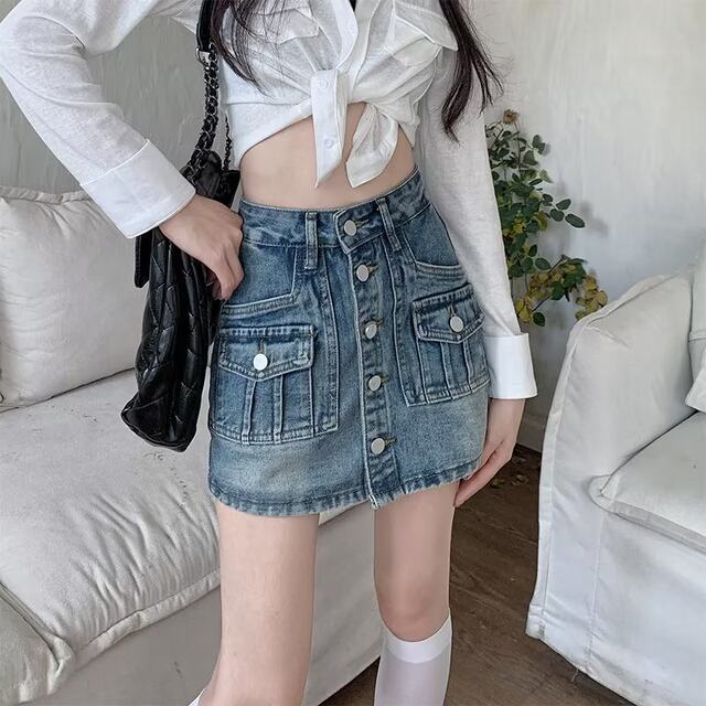 Retro design sense high waist slit denim skirt for women with autumn and winter large size fat mm slim A-line hip short skirt pants
