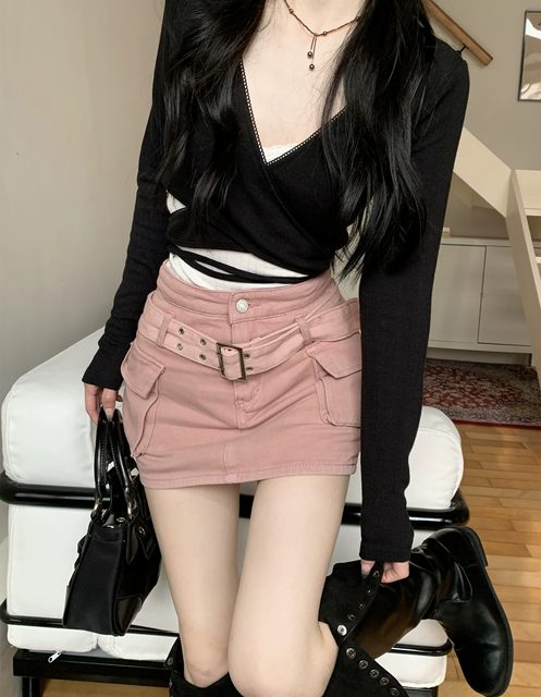 American retro pink denim skirt pants for women in summer new pocket design to make girls look slim and hottie work skirt