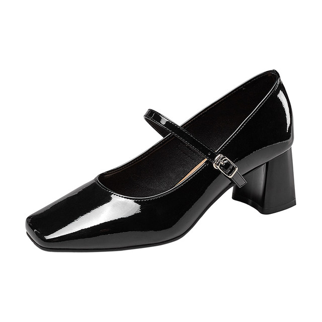 Yierkang women's shoes for spring and autumn patent leather casual thick heel single shoes for women's square toe Mary Zhen shoes high heel leather shoes