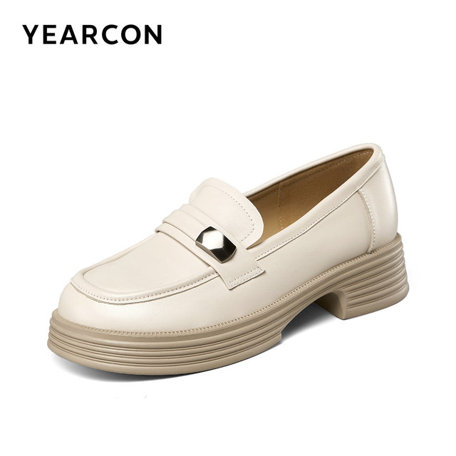 Yierkang women's shoes for spring and autumn commuting single shoes genuine leather loafers thick heel retro British style leather shoes