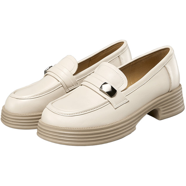 Yierkang women's shoes for spring and autumn commuting single shoes genuine leather loafers thick heel retro British style leather shoes