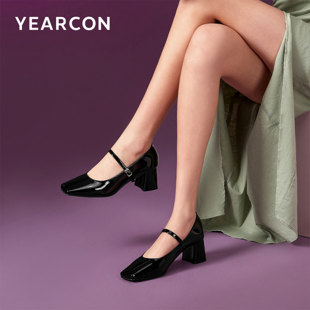 Yierkang women's shoes for spring and autumn patent leather casual thick heel single shoes for women's square toe Mary Zhen shoes high heel leather shoes