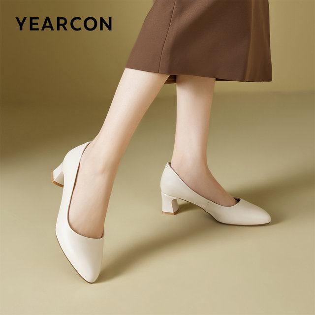 Yierkang women's shoes 2025 new light mouth single shoes genuine leather pointed toe thick heel French temperament commuting work leather shoes