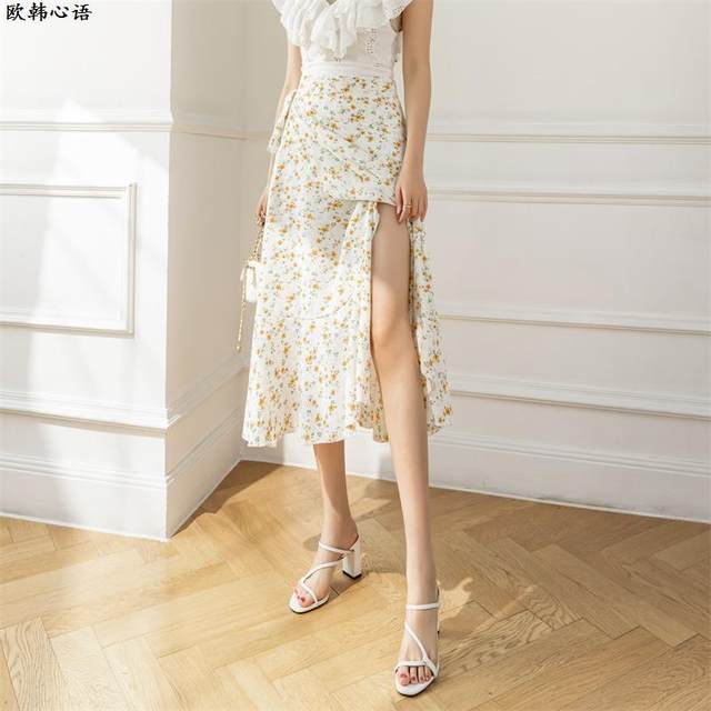 Laceted fishtail skirt long skirt in summer bag hip skirt high -waisted ruffled floral chiffon, one -piece skirt children
