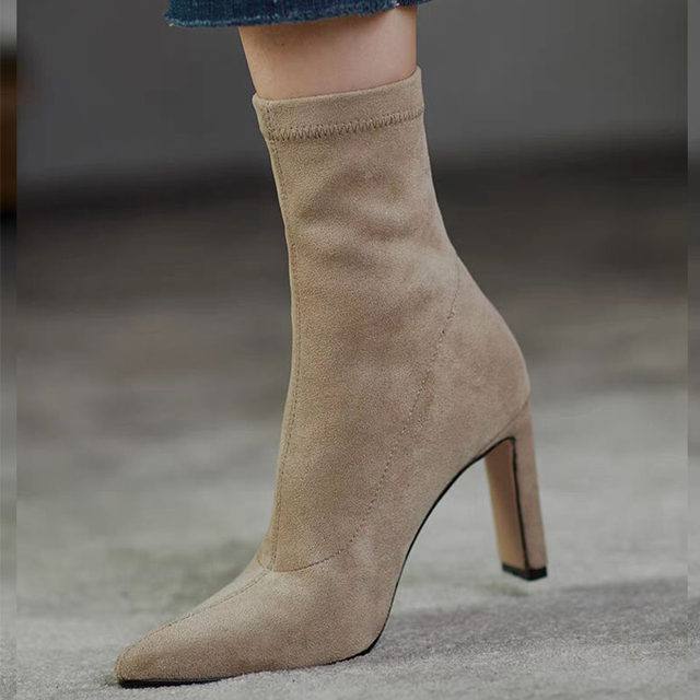 Pointed toe high-heeled short boots for women 2025 autumn and winter new black suede socks boots nude boots thick heel elastic slim boots