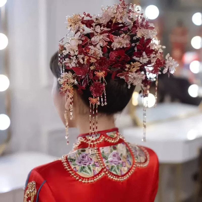 中式婚礼发饰重手工水晶花冠结婚红色流苏琉璃凤冠秀禾服