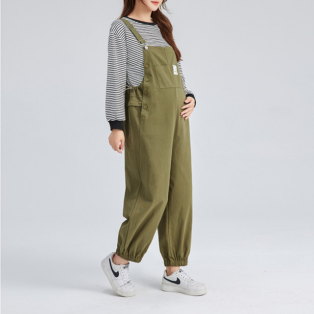 Maternity overalls, spring and autumn style, wide-leg trousers for outer wear, small maternity wear, autumn wear, no need to take off, large size pure cotton pants