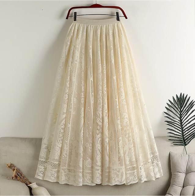 2024 new spring and summer hollow hook lace skirt fat girl versatile high waist slim fit slim long skirt
