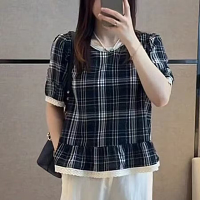 Korean style fashionable lace plaid short-sleeved shirt for women 2025 summer new versatile slim and small top

