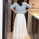 Korean sweet white lace spliced ​​skirt for women 2025 summer new high-waist slim mid-length cake skirt
