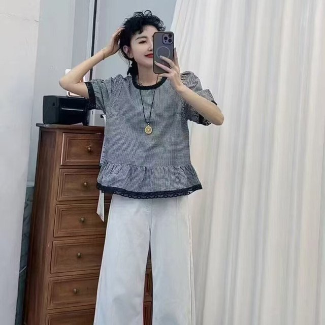 Korean style fashionable lace plaid short-sleeved shirt for women 2025 summer new versatile slim and small top
