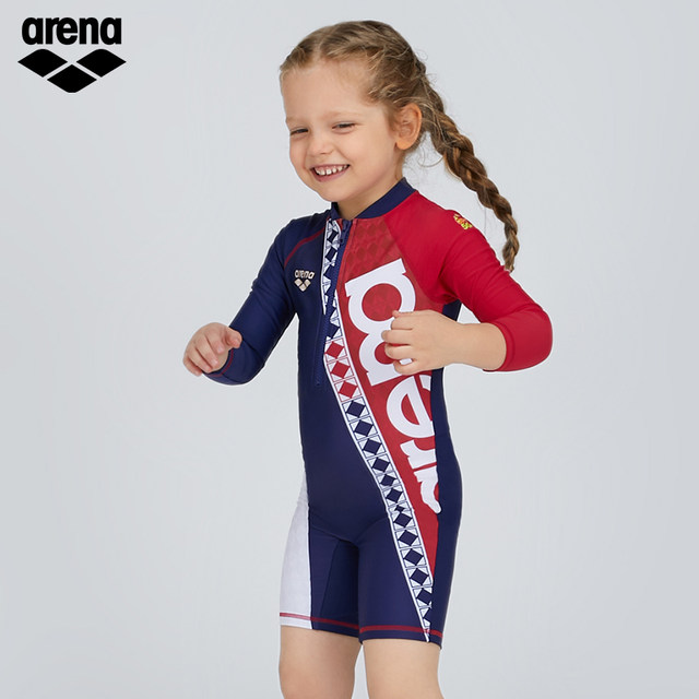 Arena Arena's new children's and adolescents' long-sleeved one-piece boxer sunscreen swimsuit for girls and boys.