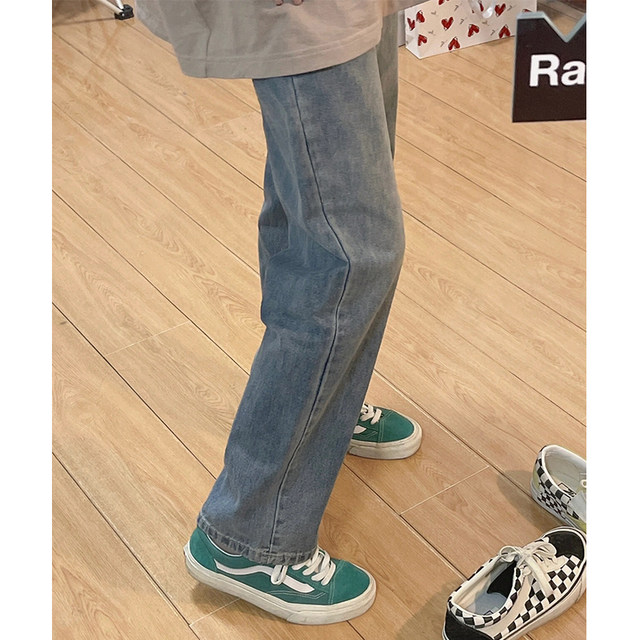 Retro blue straight jeans for women in autumn and winter for fat girls mm loose slimming wide leg floor mopping pants pear shaped body pants