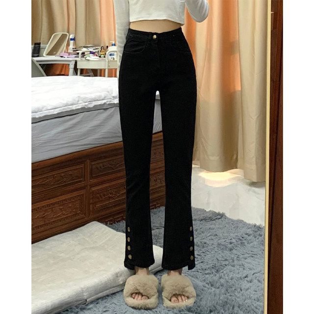 Black bootcut jeans for women 2025 autumn and winter plus size fat girl mm high waist elastic slimming crotch-covering straight pants