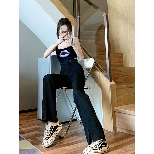 Irregular slit suit pants for women, large size fat girl, mm high waist, slim and drooping casual pear-shaped body trousers
