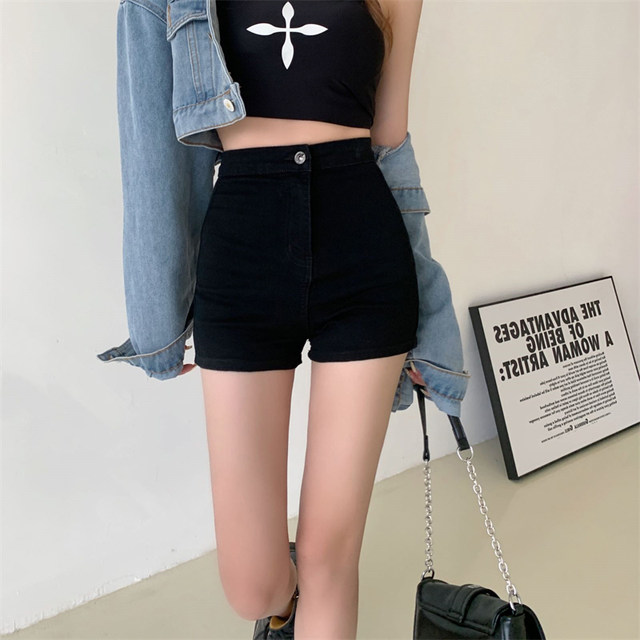 Large size black denim shorts for women in summer thin section for fat girls mm design high waist slim stretch a line hot pants