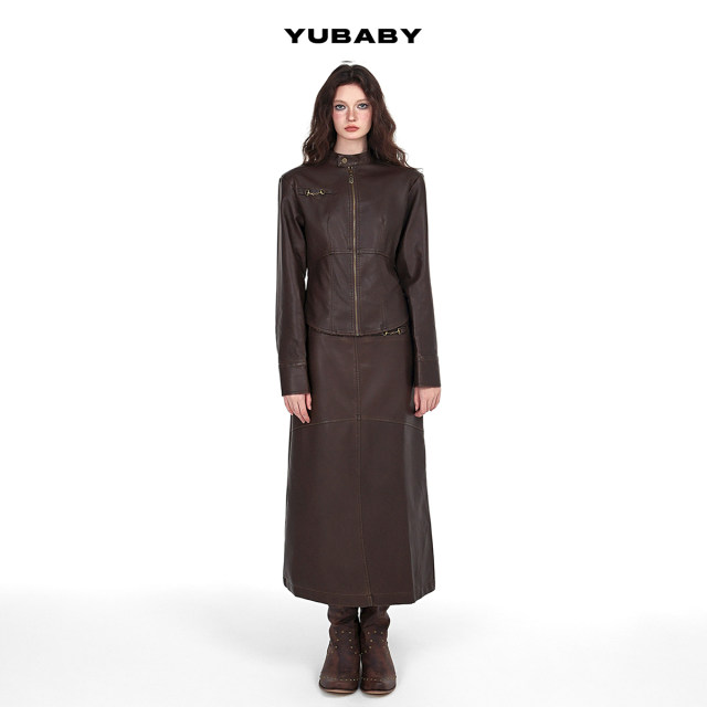 Xiaoyu's old-fashioned brown scrubbing leather retro bronze decorative leather mid-waist long skirt versatile in autumn and winter