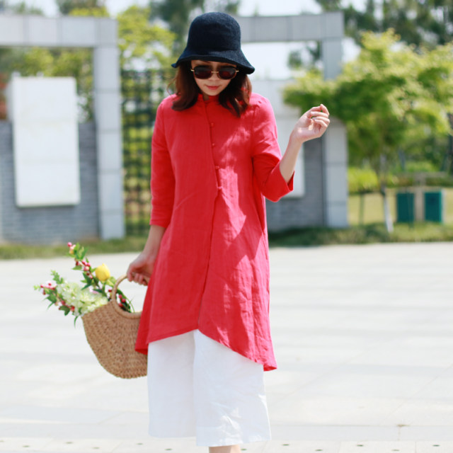 Xi Mo brand women's clothing 2024 spring and summer new sloping buckle Xiaoli collar pure ramie shirt skirt in the long hemp ingredient top
