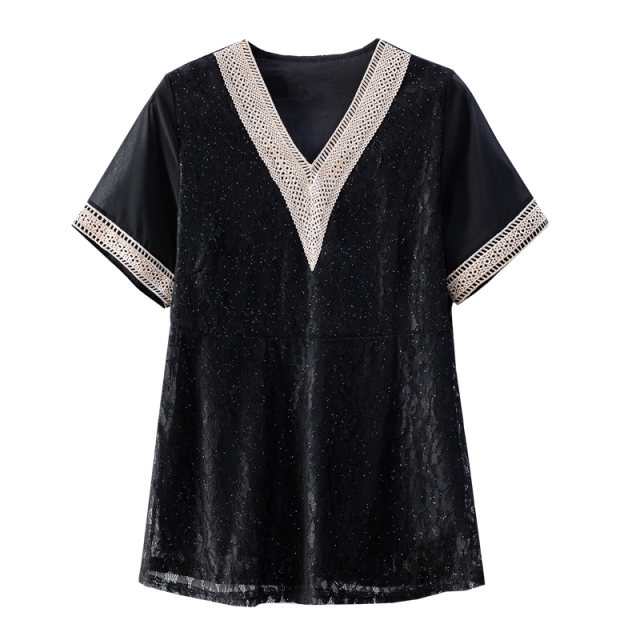 Lace chiffon shirt short sleeves for women mid-length summer 2025 new large size V-neck lace covers belly fat mm top