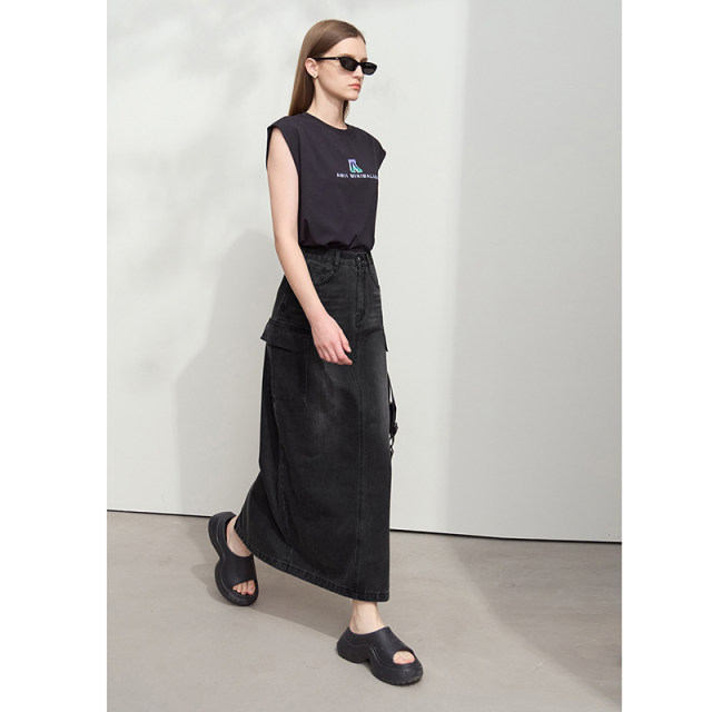 Amii2025 Spring New Style Casual Retro Workwear Style Denim Skirt Skirt Women's H-Slit Black Skirt
