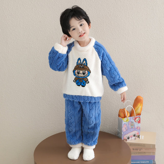 
Boys' Coral Velvet Pajamas Winter Boy's Labubu Home Clothes Warm Suit Children's Baby Thickened Pajamas Winter