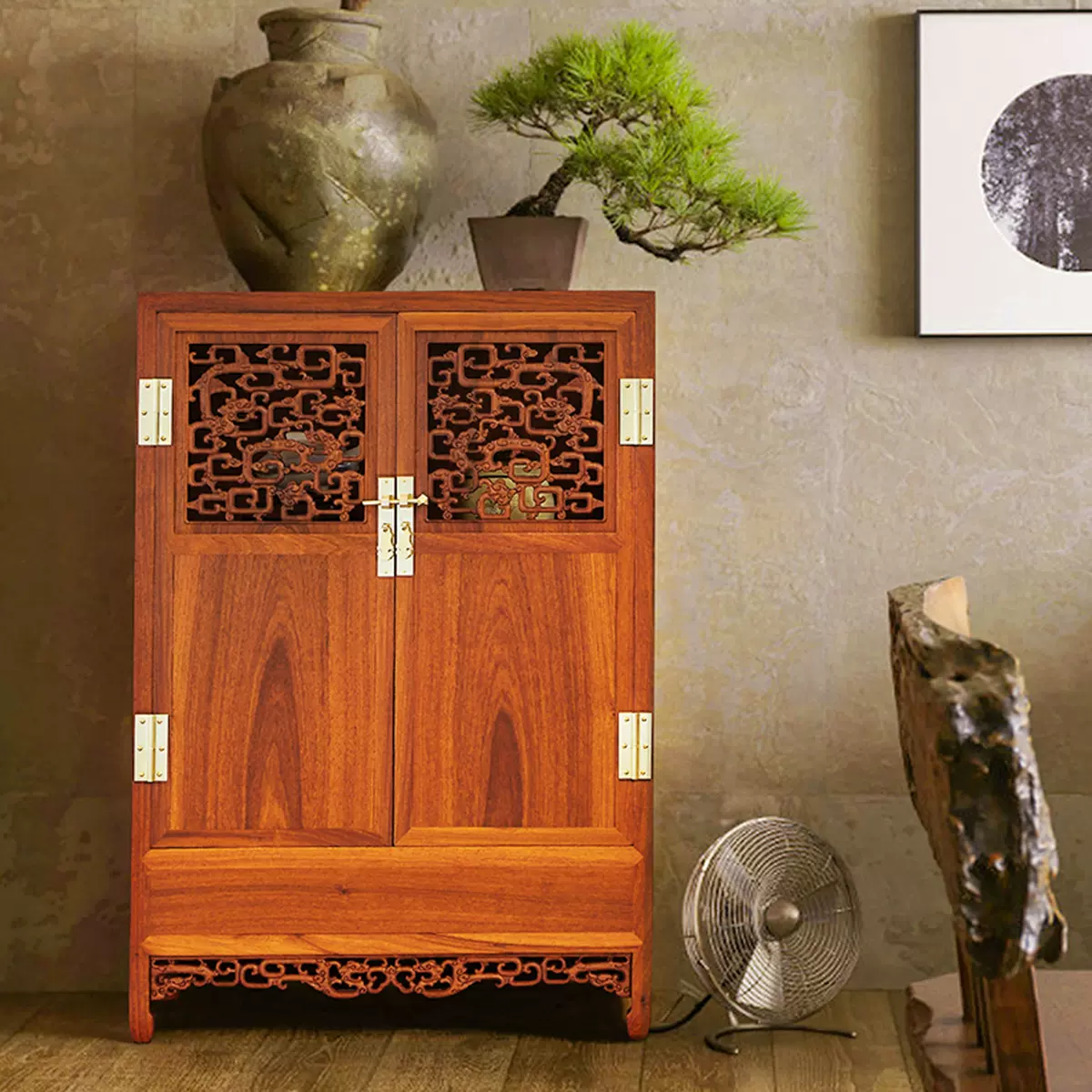 苏素明式红木家具缅甸花梨木方角柜中式透雕螭龙纹茶叶储