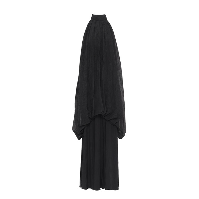 APOZi collection simulated pottery series new Chinese style black double layer sleeveless halterneck jellyfish bud dress