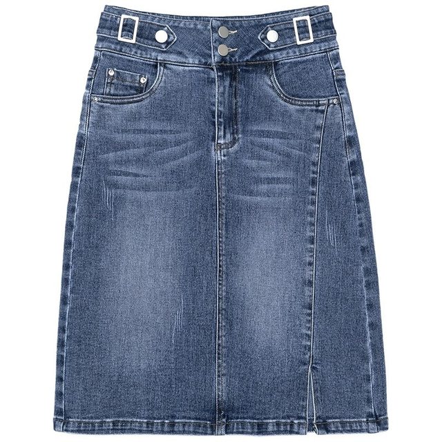 Denim skirt for women mid-length 2025 new high-waisted A-line hip-packing small person with a slit one-step skirt summer thin style