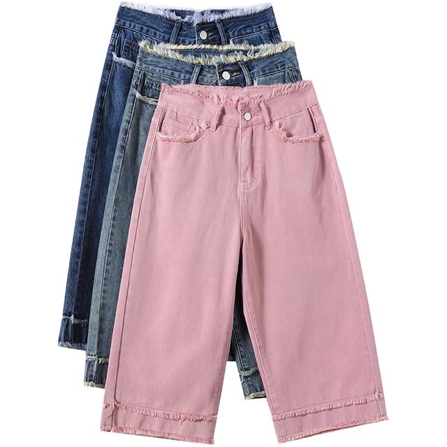 High-waisted, fur-edged wide-leg jeans for women, cropped pants, 2025 summer thin small retro 8-point straight pants
