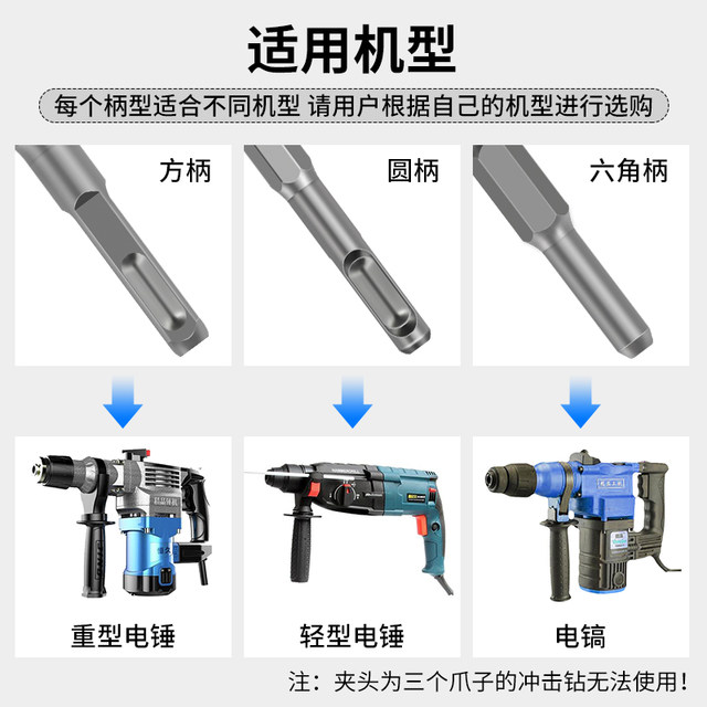 Electric hammer widened flat head chisel alloy impact drill bit super hard electric pick head hexagonal handle square handle round handle tip chisel