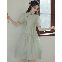 New Chinese Cheongsam Dress Women's Summer 2023 New Mori Shiny Bubbly Sleeves Students Thin Skirt