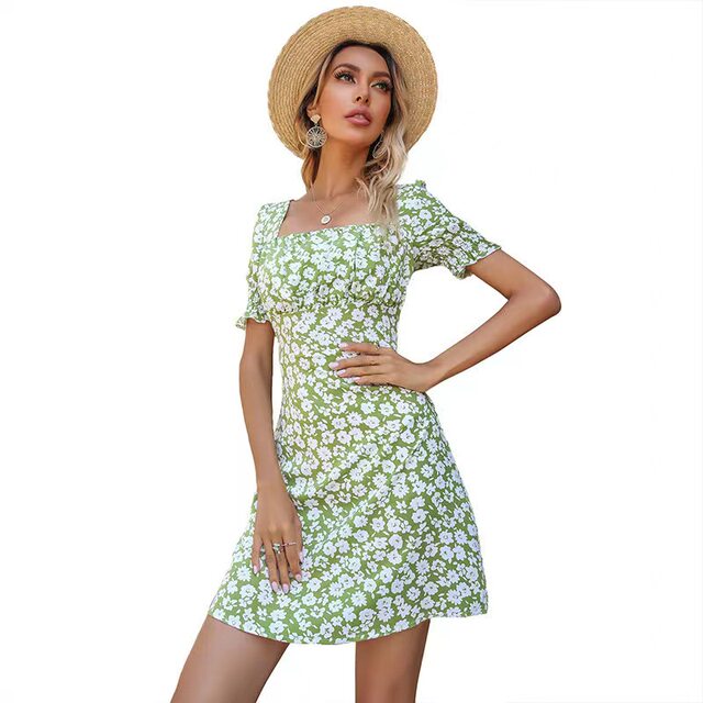 New type of waist short -sleeved floral skirt square collar temperament green dress Square Next Floral Dress