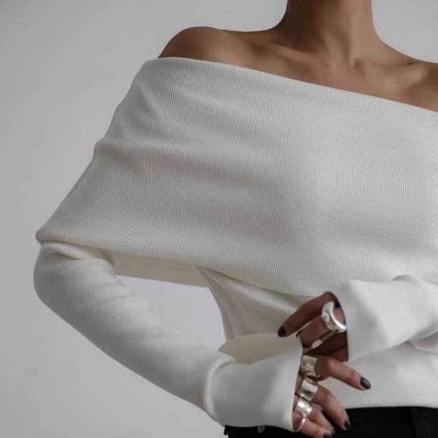 European and American style autumn and winter knitted base shirt sexy off-shoulder top Knitted off shoulder sweater