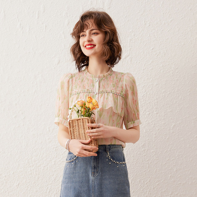 White Deer Yu Wood Earrings Round Collar Shirt Summer Temperature Printed Beaded Ruffle Puff Short Sleeve Women's Shirt