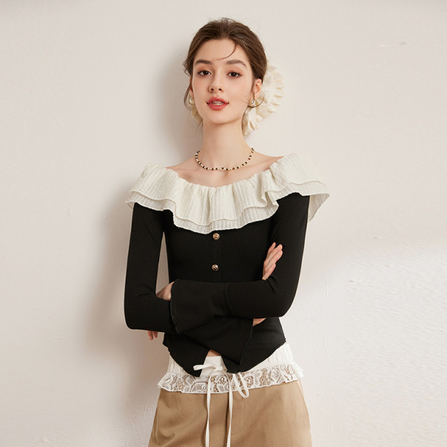 White Deer Amazing Wooden Ear, Shoulder Shirt 2025 Spring New Temperament Slim Slim Strang Long Sleeping Shirt Female
