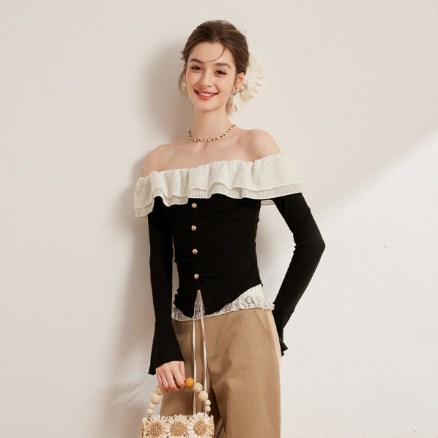 White Deer Amazing Wooden Ear, Shoulder Shirt 2025 Spring New Temperament Slim Slim Strang Long Sleeping Shirt Female
